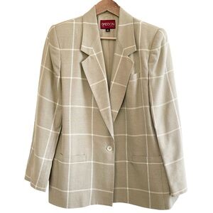 Vintage Plaid Oversized Blazer Neutral Beige/Tan Workwear Casual Size M